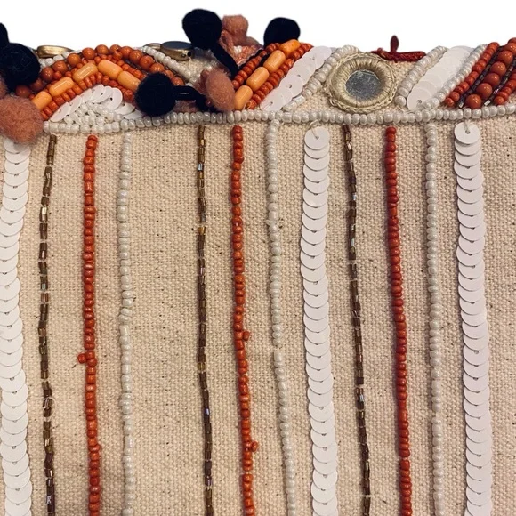 Clements Ribero Orange and Black Geometric Shoulder Bag w/ Pompoms and Beading.
